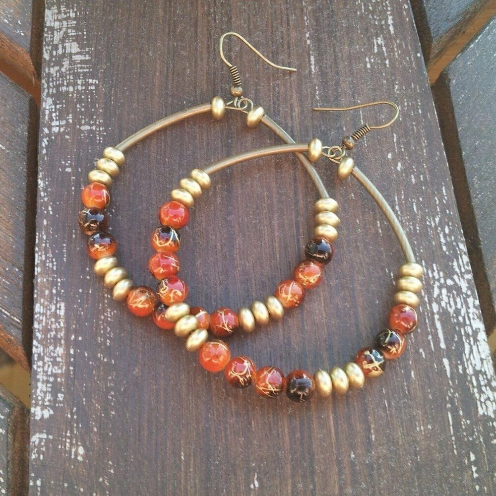 Handcrafted Big Beaded Hoop Earrings 3" Long Antiq